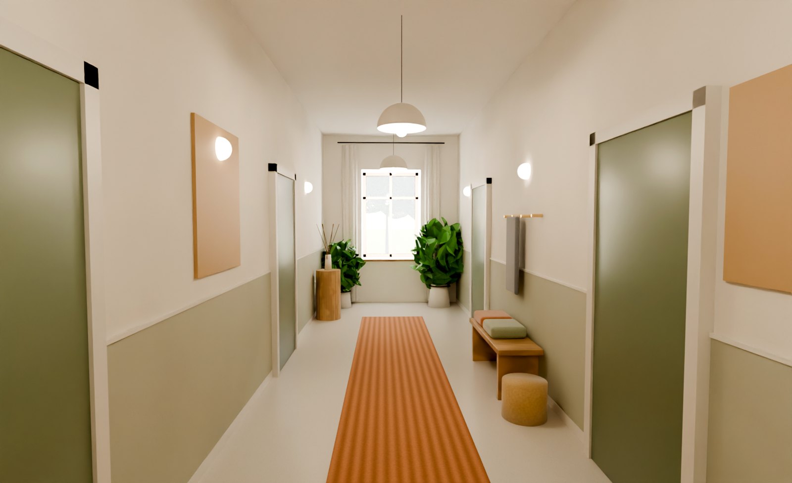 Společná chodba s terazzo podlahou, lavicí a vstupy do apartmánů